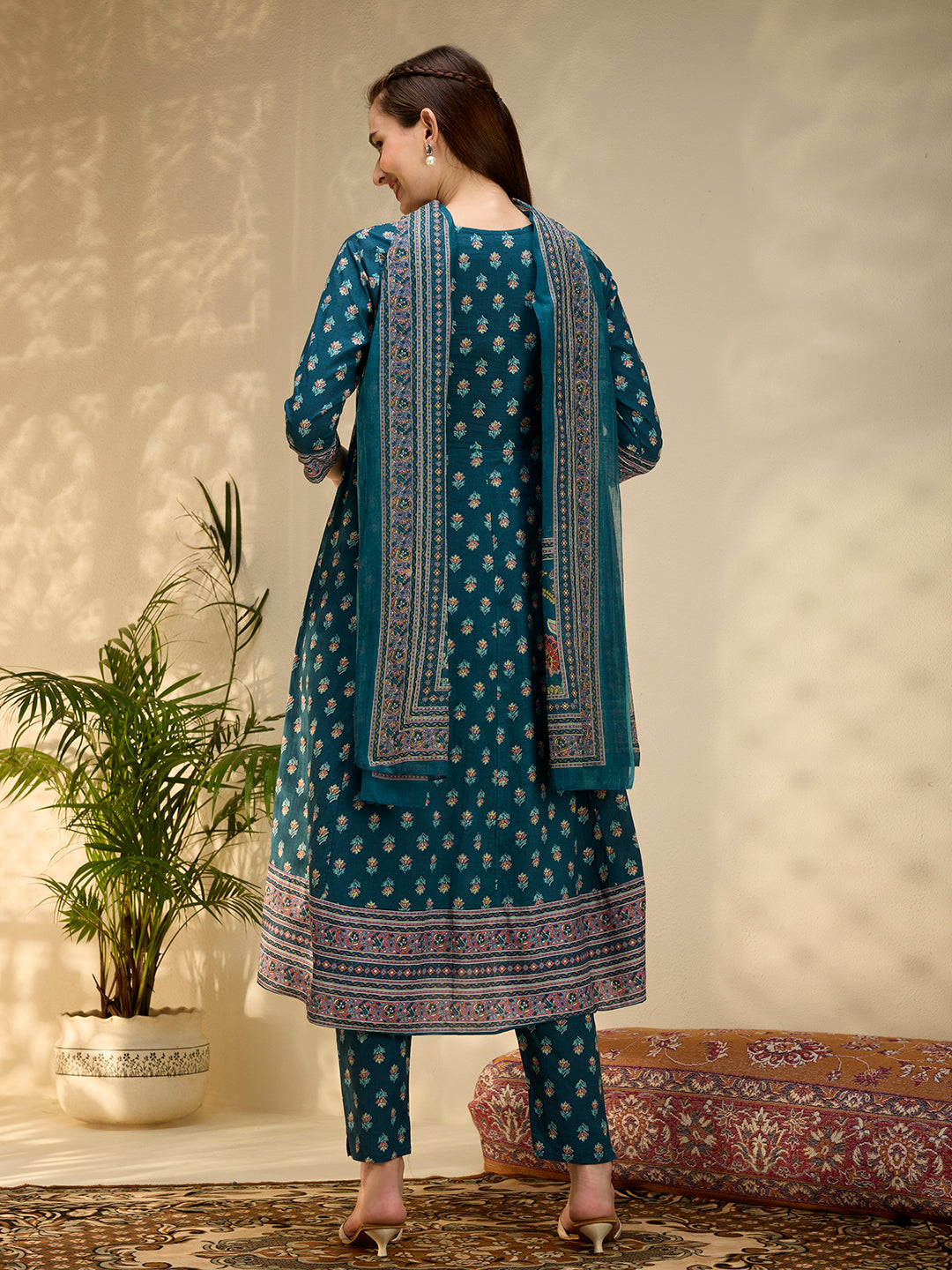 Ethnic Floral Printed & Embroidered Anarkali Kurta with Pant & Dupatta - Teal