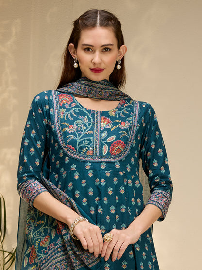 Ethnic Floral Printed & Embroidered Anarkali Kurta with Pant & Dupatta - Teal