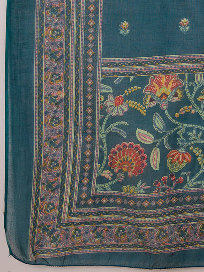 Ethnic Floral Printed & Embroidered Anarkali Kurta with Pant & Dupatta - Teal