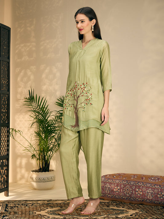 Solid Threadwork Tree Embroidered A-Line Co-ord Set - Pista Green