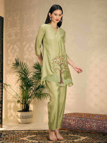 Solid Threadwork Tree Embroidered A-Line Co-ord Set - Pista Green