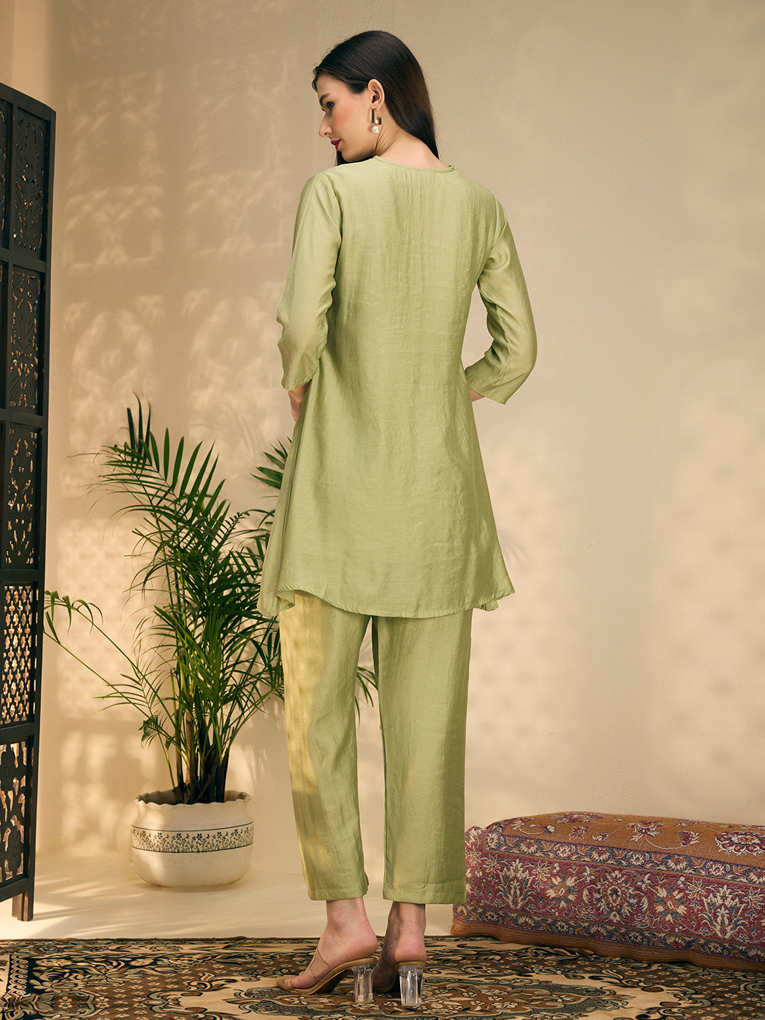 Solid Threadwork Tree Embroidered A-Line Co-ord Set - Pista Green