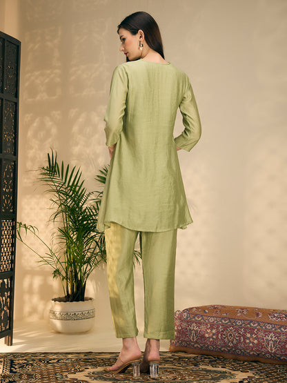 Solid Threadwork Tree Embroidered A-Line Co-ord Set - Pista Green