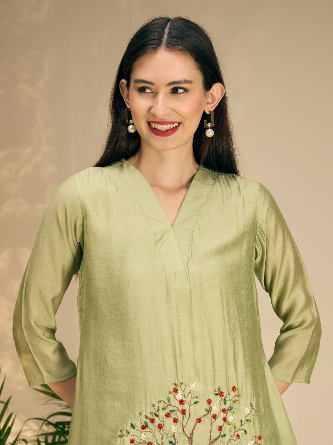 Solid Threadwork Tree Embroidered A-Line Co-ord Set - Pista Green