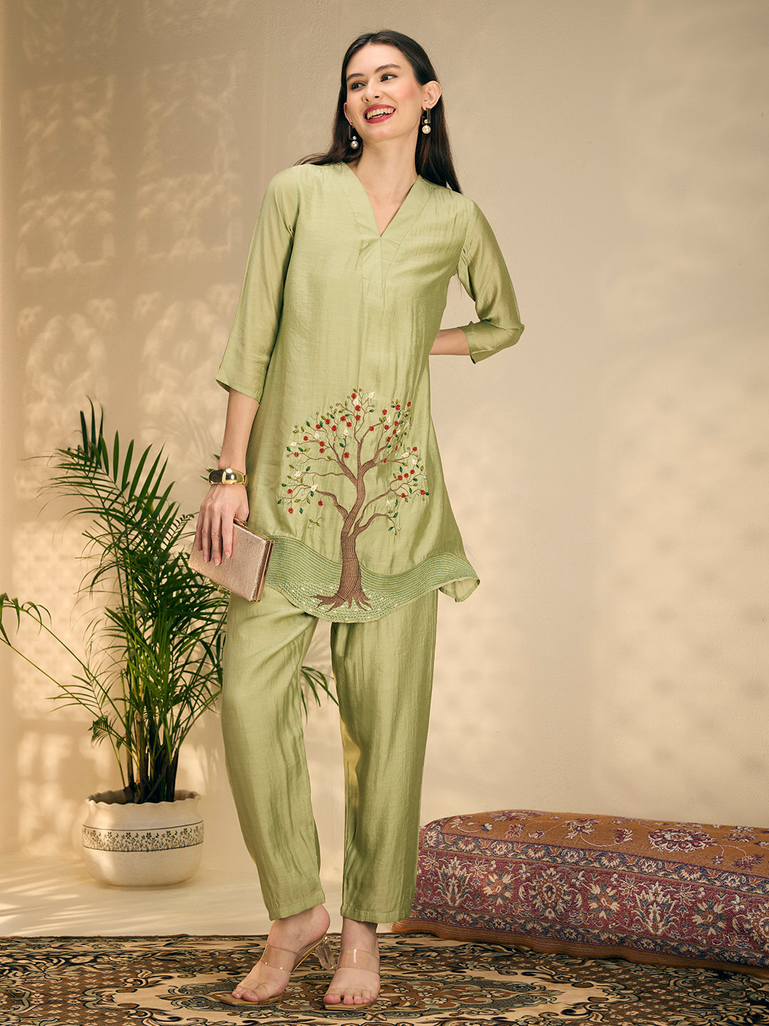 Solid Threadwork Tree Embroidered A-Line Co-ord Set - Pista Green