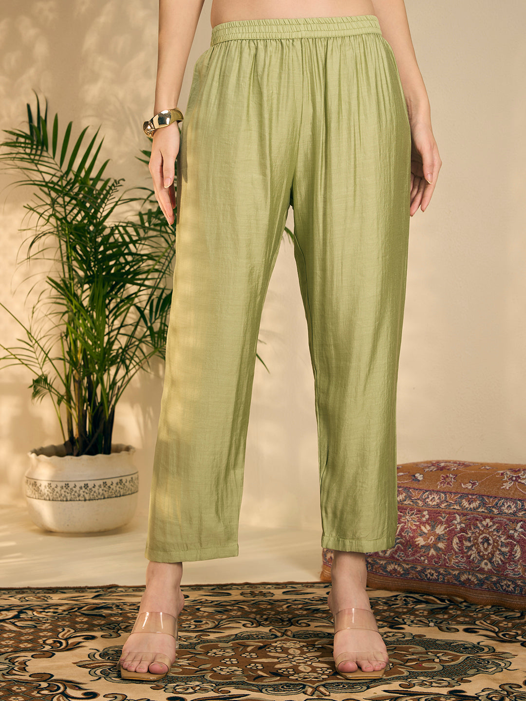 Solid Threadwork Tree Embroidered A-Line Co-ord Set - Pista Green