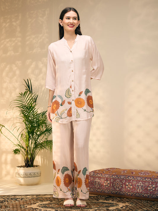 Ethnic Floral Printed Straight Fit Co-ord Set - Off White