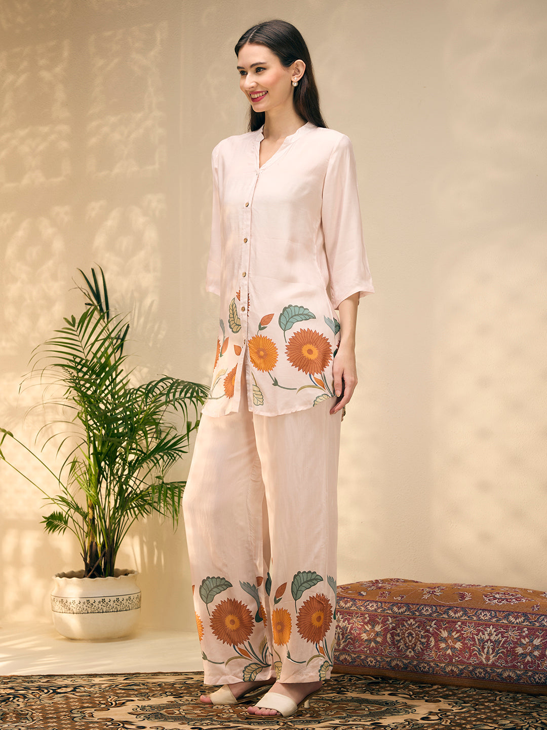 Ethnic Floral Printed Straight Fit Co-ord Set - Off White