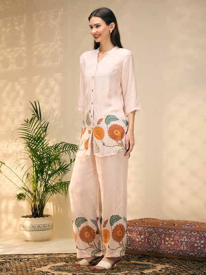 Ethnic Floral Printed Straight Fit Co-ord Set - Off White