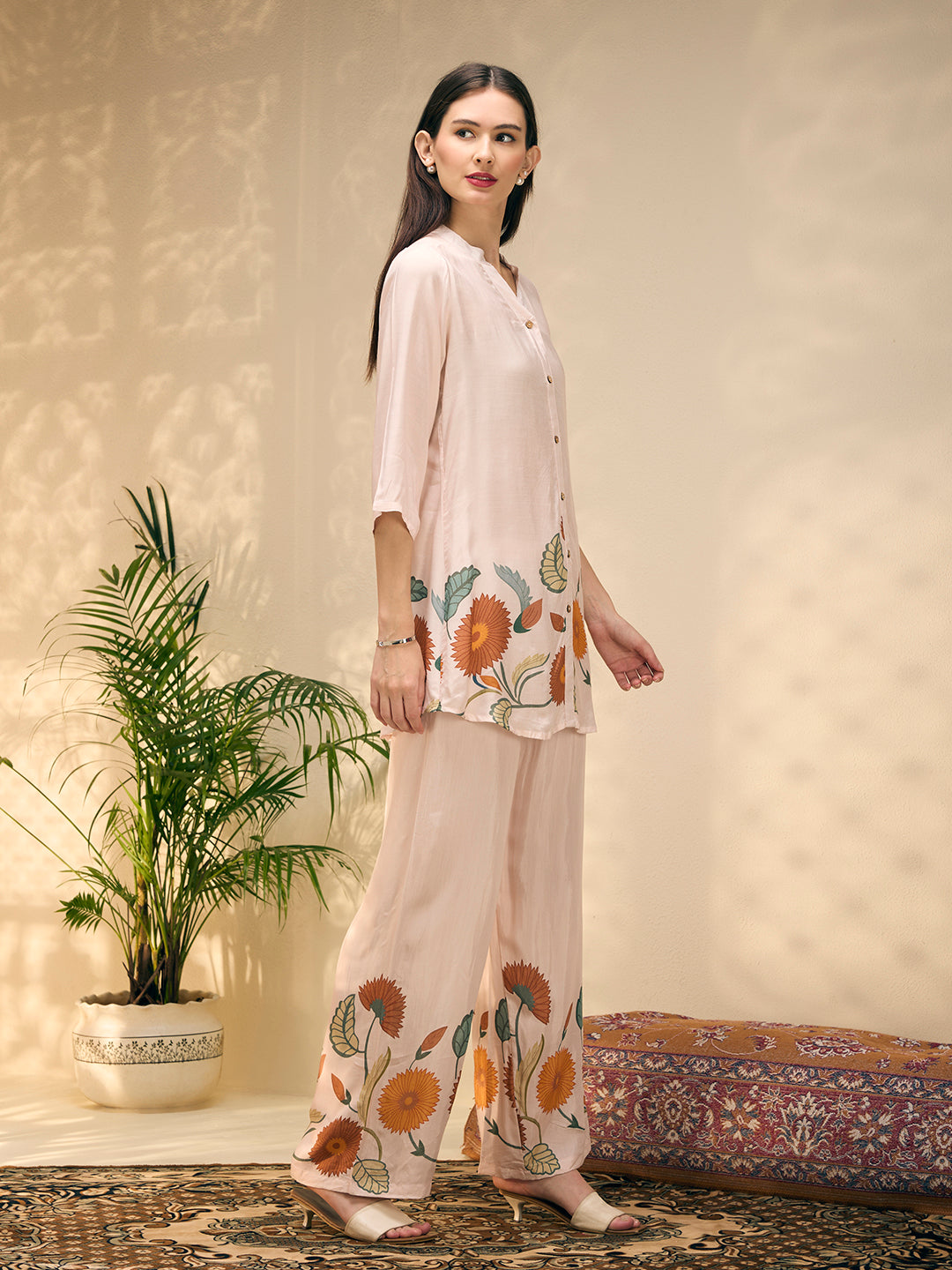 Ethnic Floral Printed Straight Fit Co-ord Set - Off White