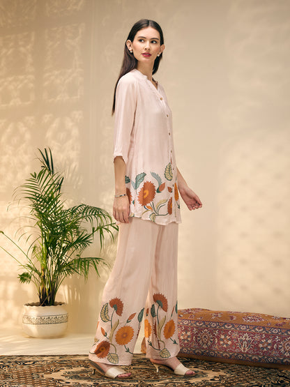 Ethnic Floral Printed Straight Fit Co-ord Set - Off White