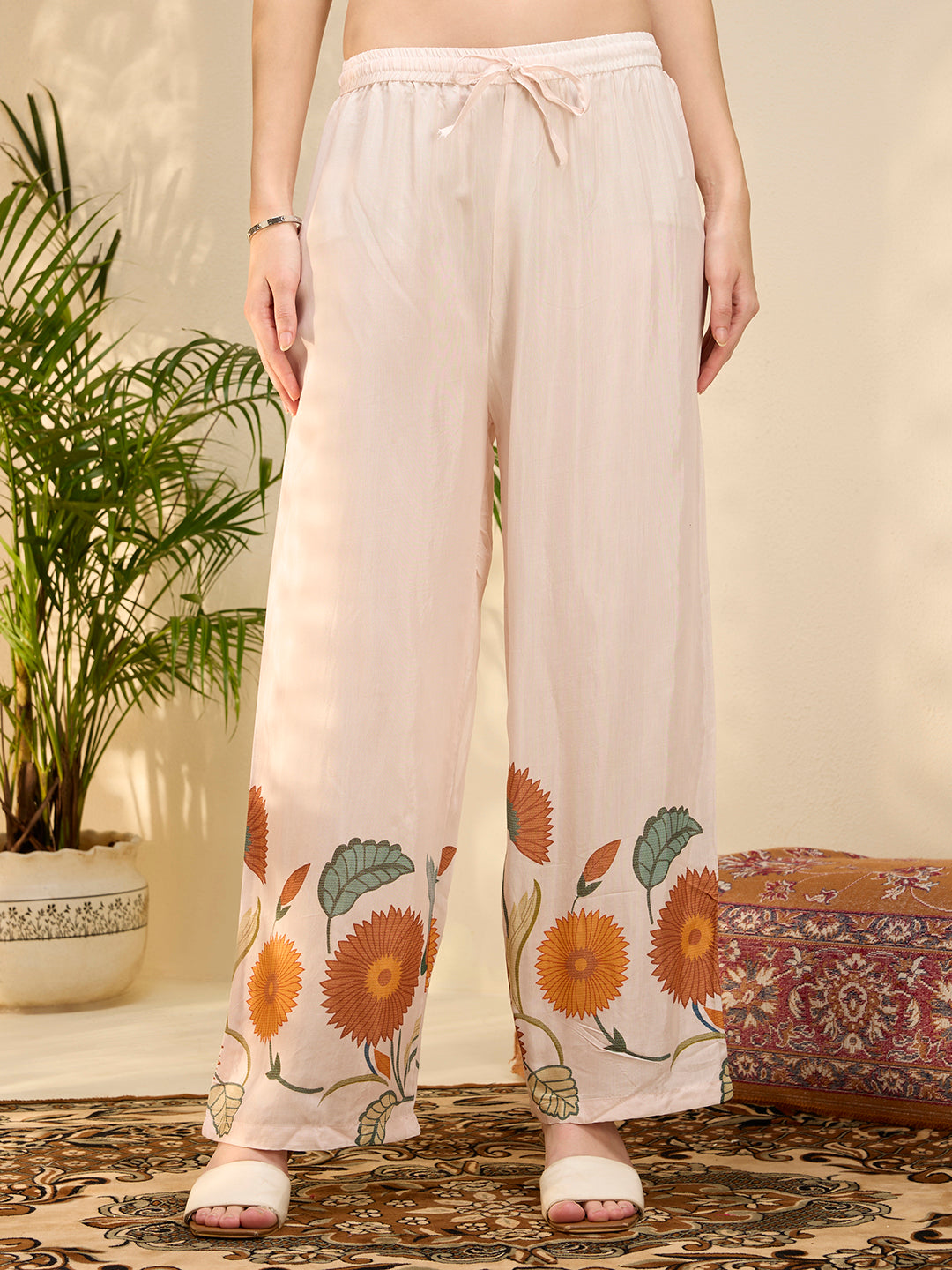 Ethnic Floral Printed Straight Fit Co-ord Set - Off White