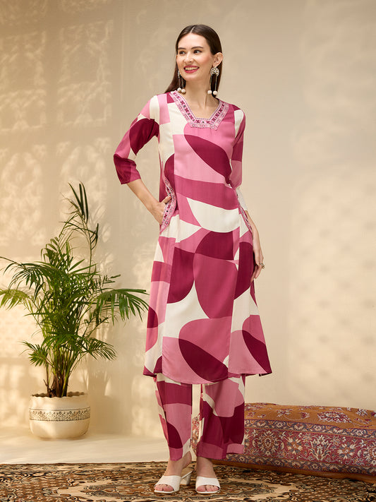 Abstract Printed & Embroidered A-Line Kurta with Palazzo - Multi