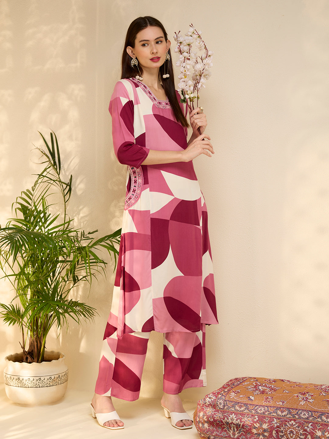 Abstract Printed & Embroidered A-Line Kurta with Palazzo - Multi