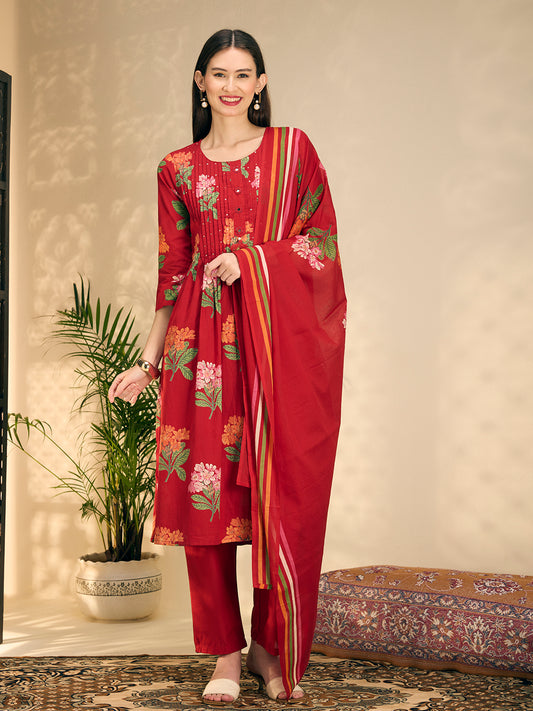 Floral Printed A-Line Pleated Kurta with Pant & Dupatta - Maroon