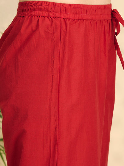 Floral Printed A-Line Pleated Kurta with Pant & Dupatta - Maroon