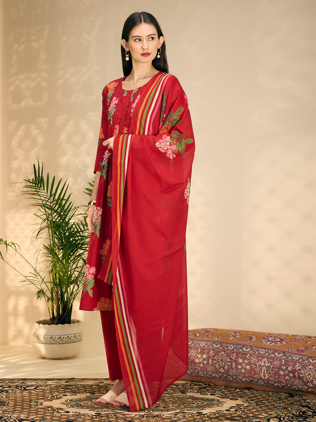Floral Printed A-Line Pleated Kurta with Pant & Dupatta - Maroon