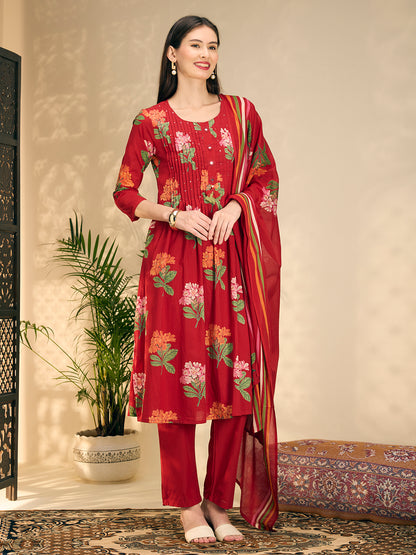 Floral Printed A-Line Pleated Kurta with Pant & Dupatta - Maroon