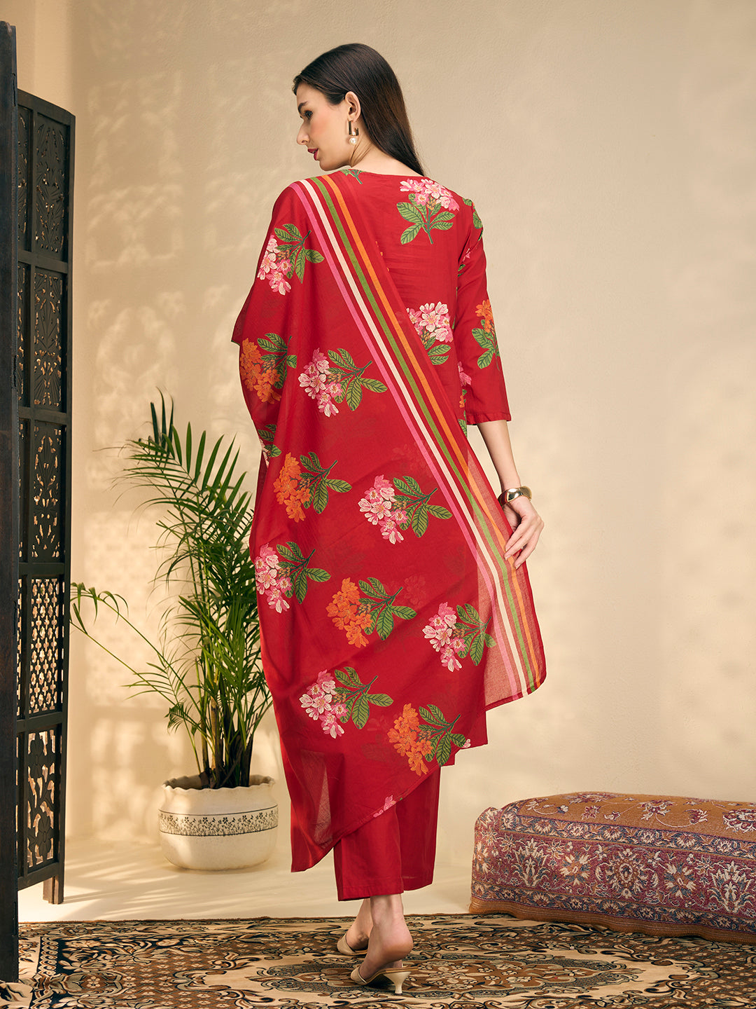Floral Printed A-Line Pleated Kurta with Pant & Dupatta - Maroon