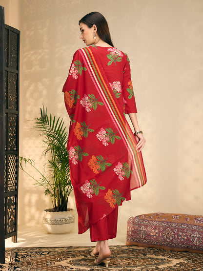 Floral Printed A-Line Pleated Kurta with Pant & Dupatta - Maroon