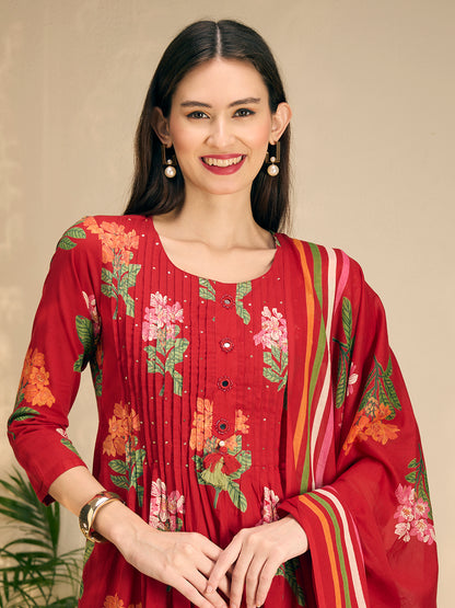 Floral Printed A-Line Pleated Kurta with Pant & Dupatta - Maroon