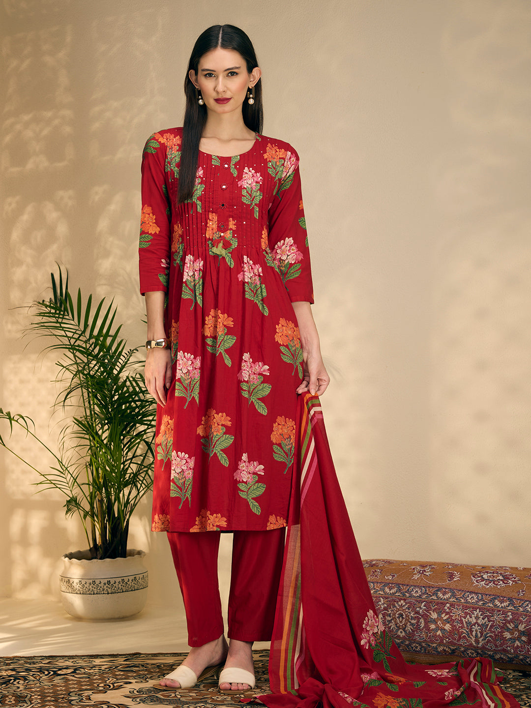Floral Printed A-Line Pleated Kurta with Pant & Dupatta - Maroon