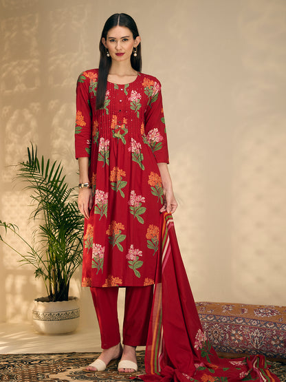Floral Printed A-Line Pleated Kurta with Pant & Dupatta - Maroon