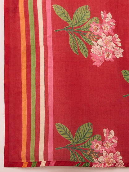 Floral Printed A-Line Pleated Kurta with Pant & Dupatta - Maroon