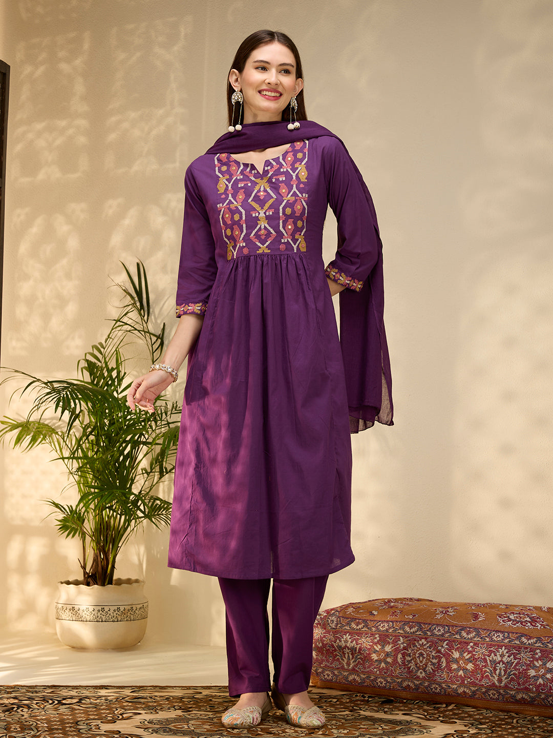 Solid Geometric Embroidered A-Line Pleated Kurta with Pant and Dupatta - Purple
