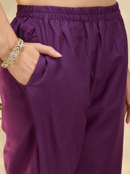 Solid Geometric Embroidered A-Line Pleated Kurta with Pant and Dupatta - Purple