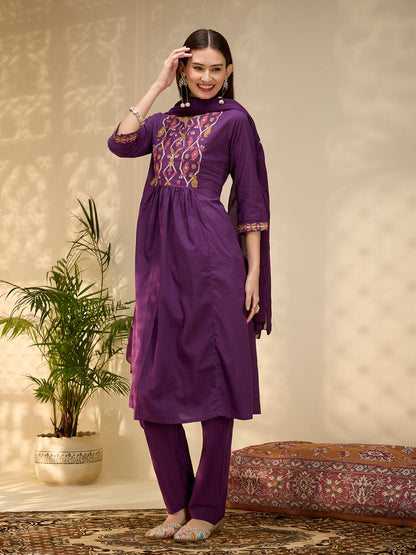 Solid Geometric Embroidered A-Line Pleated Kurta with Pant and Dupatta - Purple