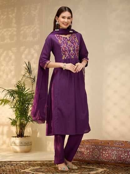 Solid Geometric Embroidered A-Line Pleated Kurta with Pant and Dupatta - Purple