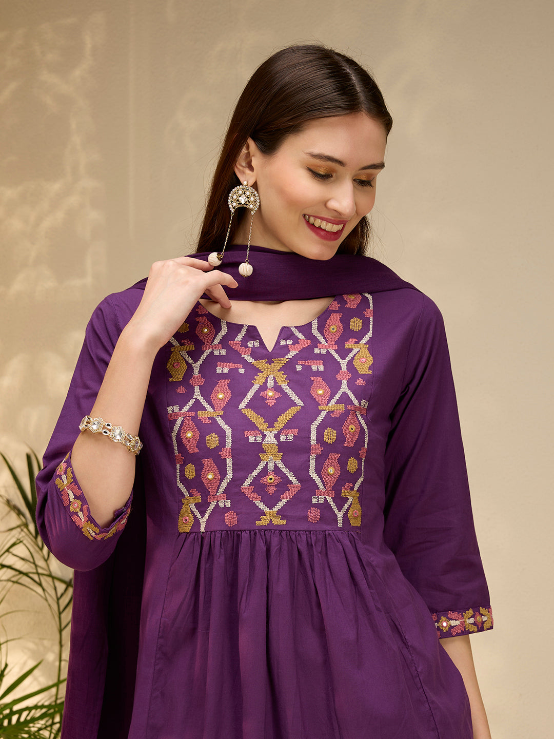 Solid Geometric Embroidered A-Line Pleated Kurta with Pant and Dupatta - Purple