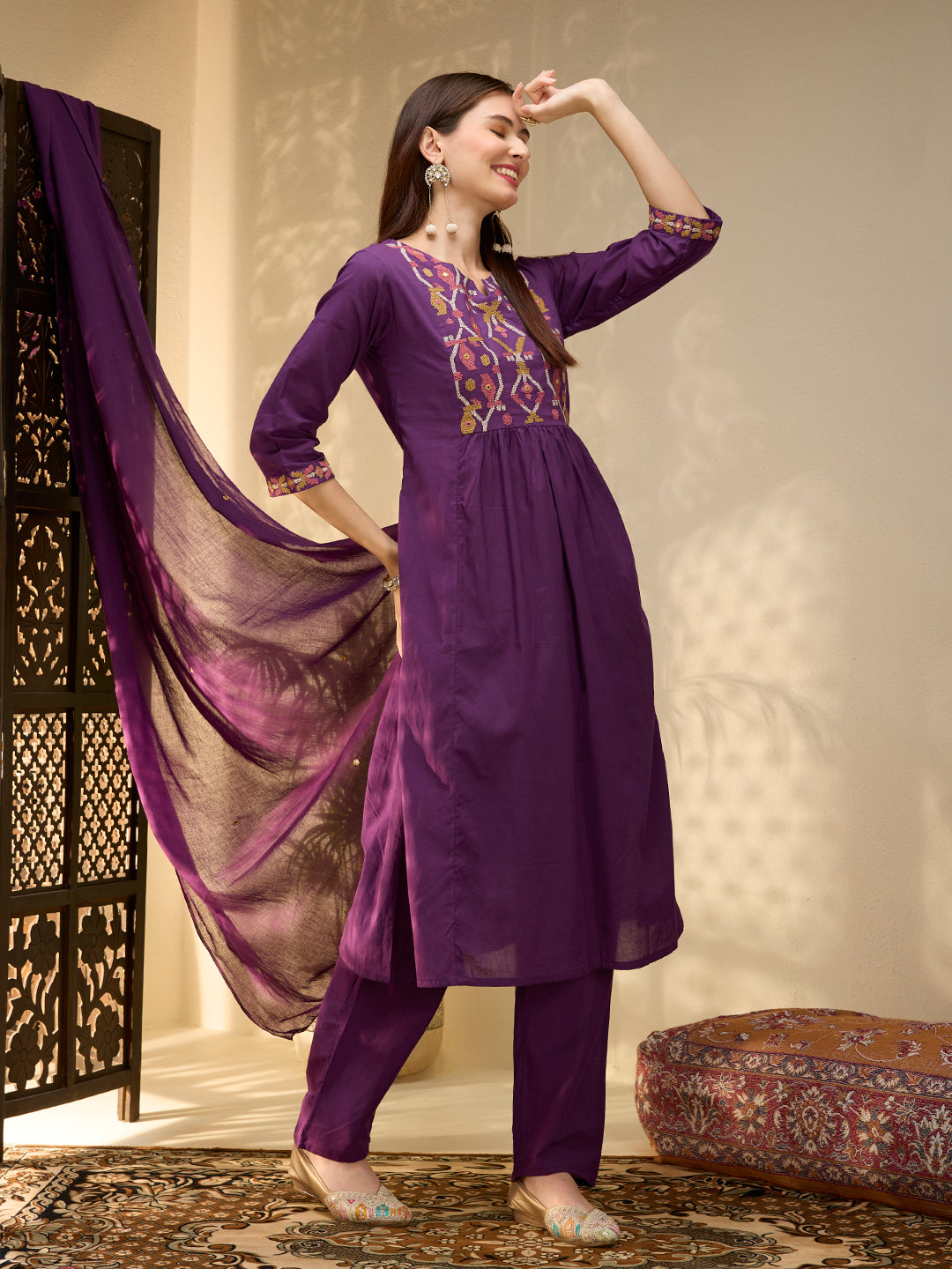 Solid Geometric Embroidered A-Line Pleated Kurta with Pant and Dupatta - Purple