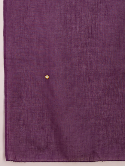 Solid Geometric Embroidered A-Line Pleated Kurta with Pant and Dupatta - Purple
