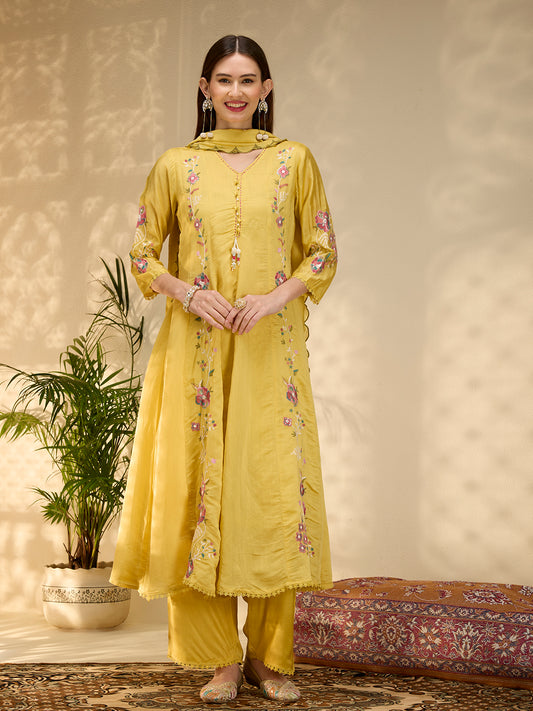 Solid Floral Embroidered Anarkali with Palazzo & Scalloped Dupatta - Yellow