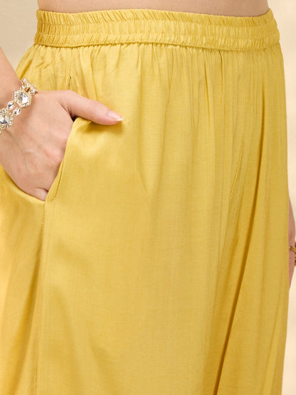 Solid Floral Embroidered Anarkali with Palazzo & Scalloped Dupatta - Yellow