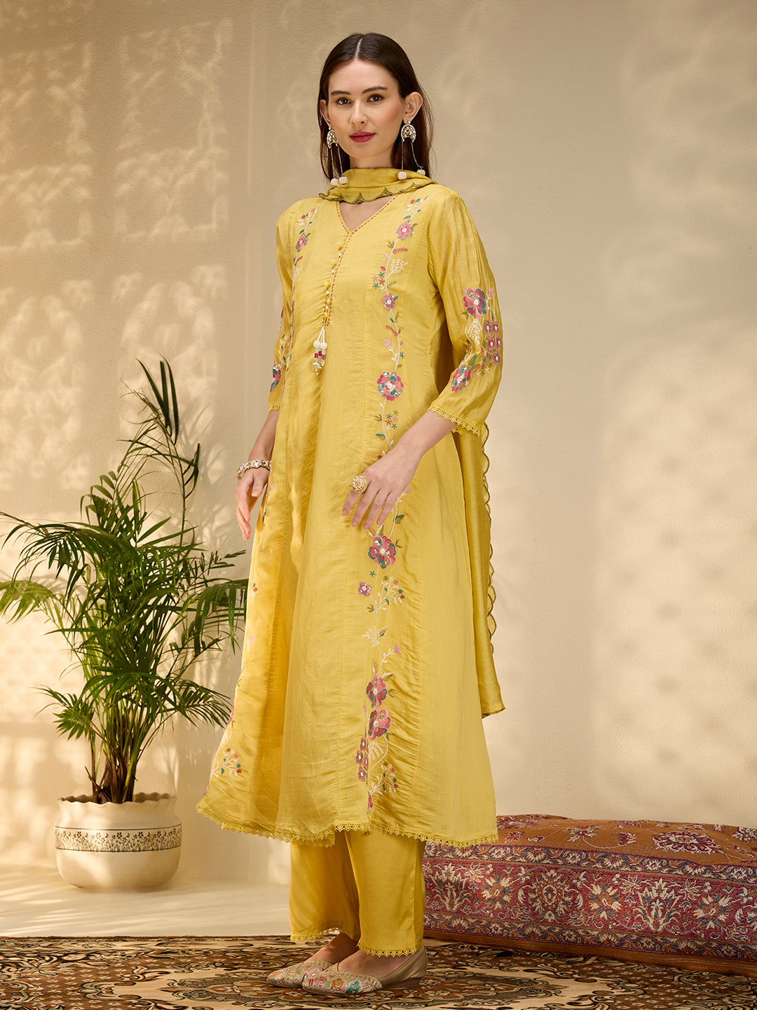 Solid Floral Embroidered Anarkali with Palazzo & Scalloped Dupatta - Yellow