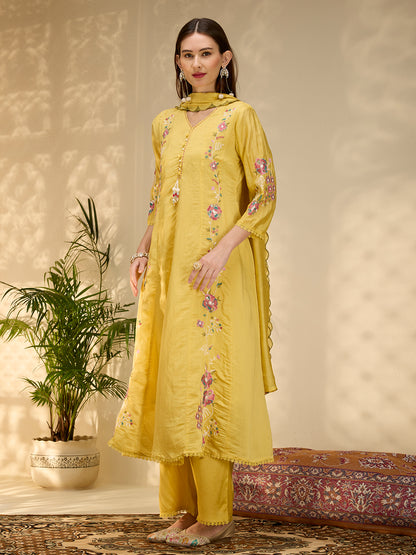 Solid Floral Embroidered Anarkali with Palazzo & Scalloped Dupatta - Yellow
