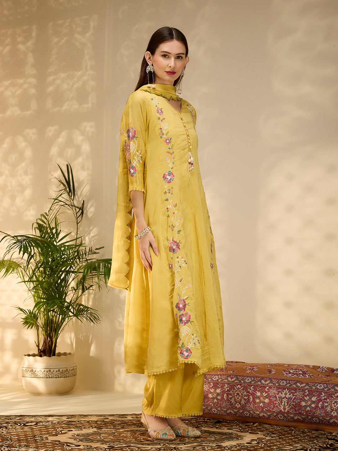 Solid Floral Embroidered Anarkali with Palazzo & Scalloped Dupatta - Yellow
