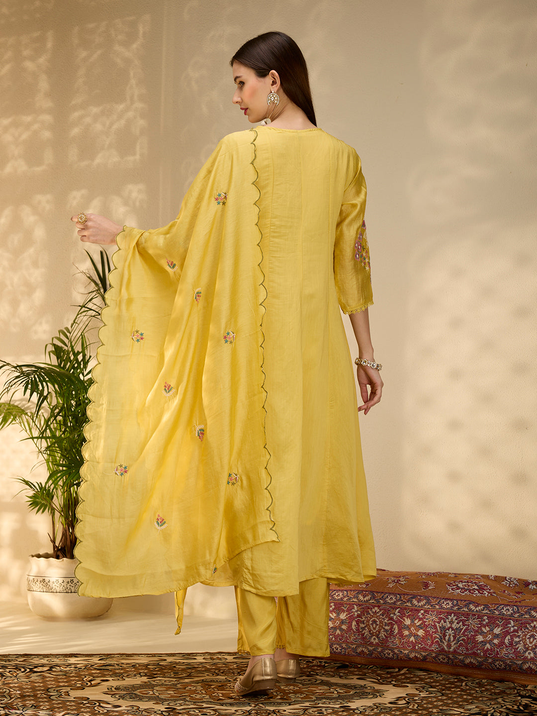 Solid Floral Embroidered Anarkali with Palazzo & Scalloped Dupatta - Yellow