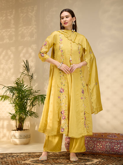Solid Floral Embroidered Anarkali with Palazzo & Scalloped Dupatta - Yellow