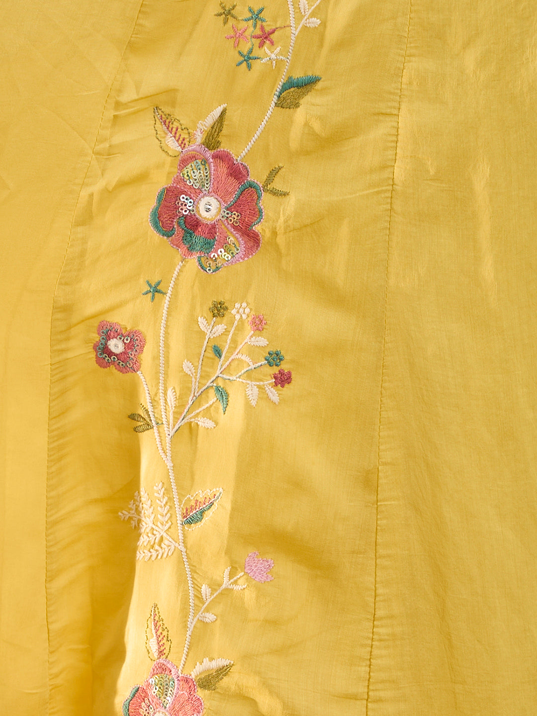 Solid Floral Embroidered Anarkali with Palazzo & Scalloped Dupatta - Yellow