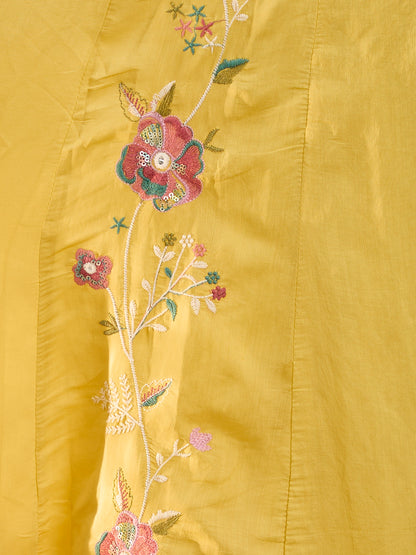 Solid Floral Embroidered Anarkali with Palazzo & Scalloped Dupatta - Yellow
