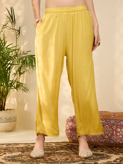 Solid Floral Embroidered Anarkali with Palazzo & Scalloped Dupatta - Yellow