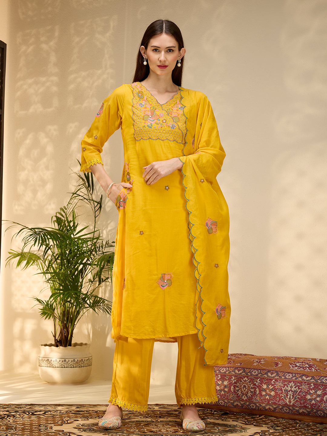 Solid Floral Threadwork A-Line Kurta with Palazzo & Dupatta - Yellow