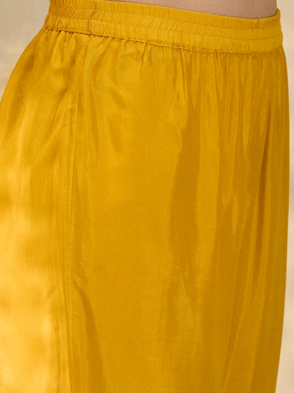 Solid Floral Threadwork A-Line Kurta with Palazzo & Dupatta - Yellow