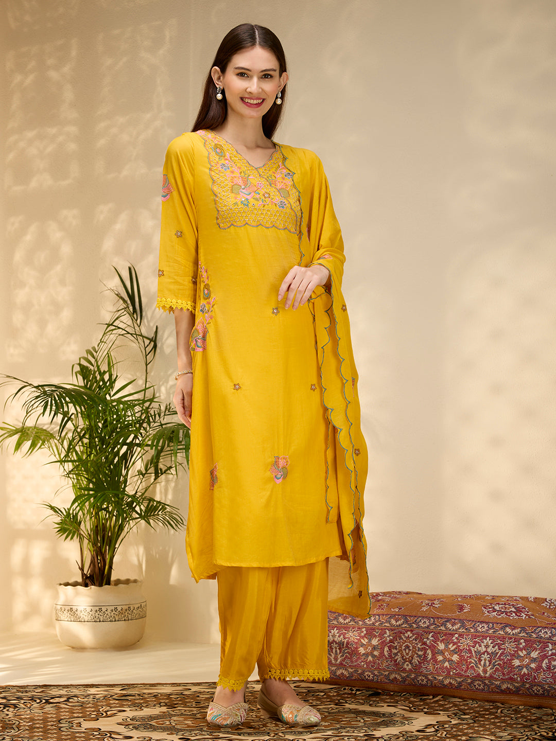 Solid Floral Threadwork A-Line Kurta with Palazzo & Dupatta - Yellow