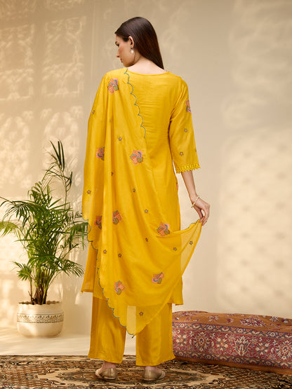 Solid Floral Threadwork A-Line Kurta with Palazzo & Dupatta - Yellow