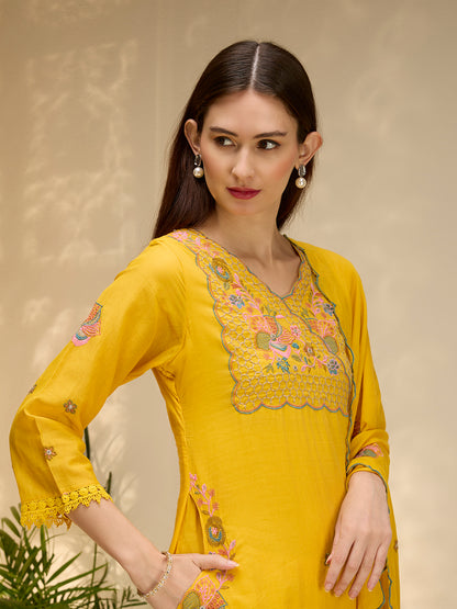 Solid Floral Threadwork A-Line Kurta with Palazzo & Dupatta - Yellow